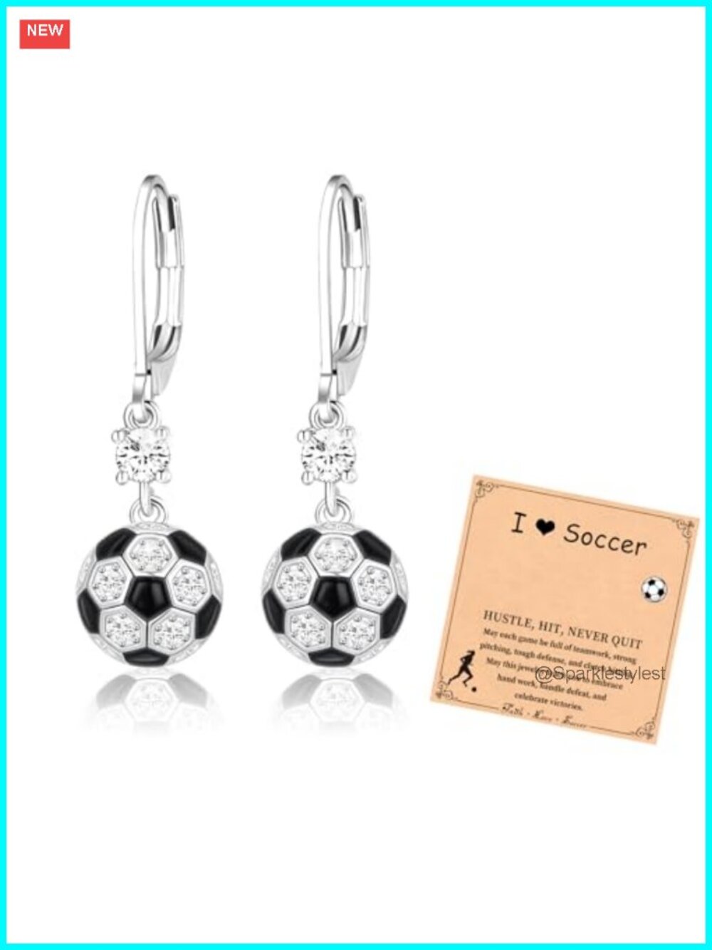 Hypoallergenic Soccer Drop Earrings 30mm Brass Cubic Zirconia Lever Back